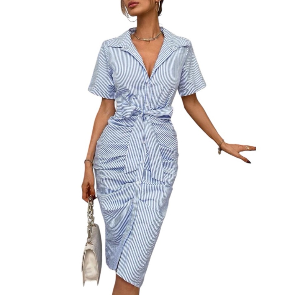 SHEIN Privé Striped Print Ruched Button Front Shirt Dress Workwear